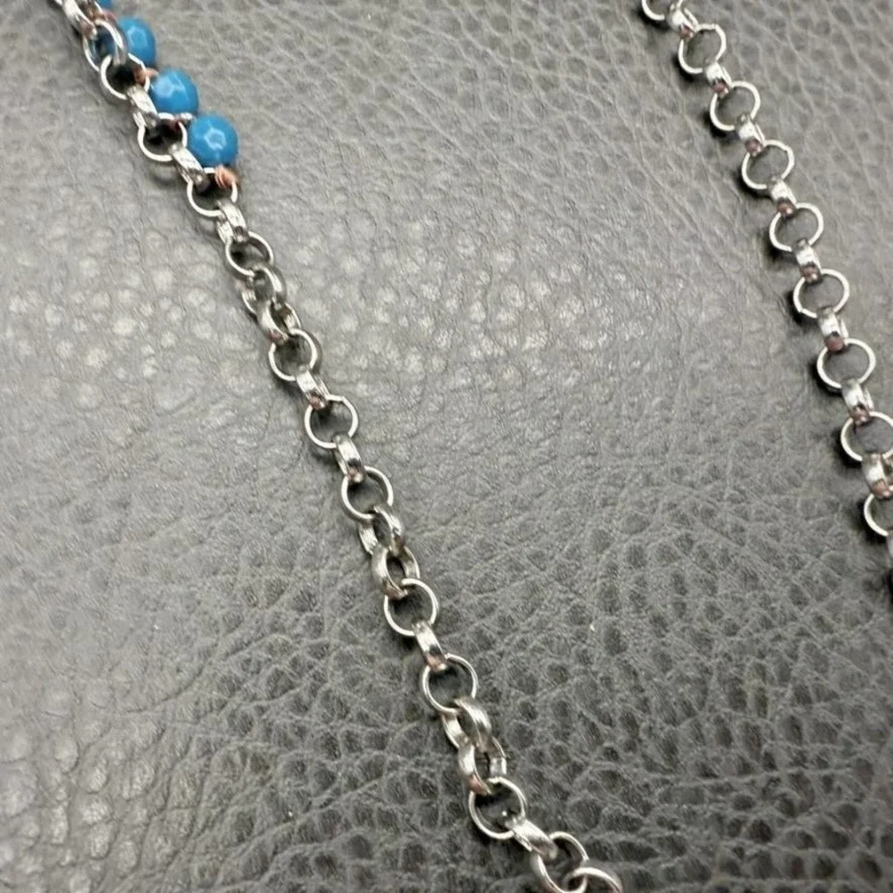 Lia Sophia Beaded Chain Necklace Silver Tone Blue Brown Faceted Beads 36 Inch